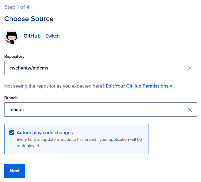Choose your source for DigitalOcean App Platform