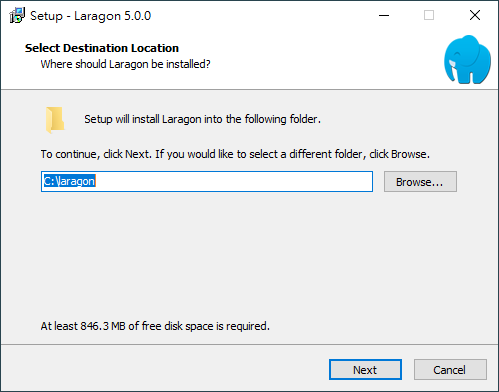 Select destination location to install Laragon